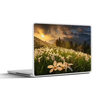Produktbild von MuchoWow® Laptop Aufkleber Sticker Cover Blumenfeld - Hügel - Sonnenuntergang - Berg - Natur - Weiß - Hügel 30x22 cm - Laptop-Sticker