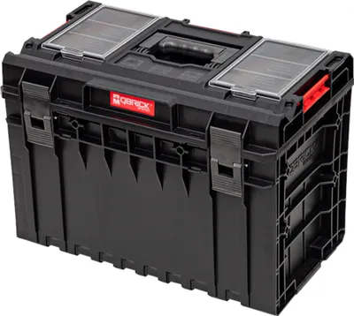 A black Qbrick System toolbox with clear organizers on top, shown from a slightly elevated front-left angle against a white background.