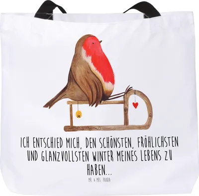 Produktbild von Mr. & Mrs. Panda Beutel Rotkehlchen Schlitten - Weiß - Geschenk, Weihnachten, Schultasche, Wintermotiv, Tasche, Einkaufstasche, Vogel, Strandtasche, Tote Bag