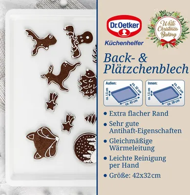 Image de Oetker White Christmas Baking, plaque à gâteaux carrée avec revêtement anti-adhésif, plaque de haute qualité, plaque de four en tôle d'acier, plaque de cuisson polyvalente pour cuisinière (couleur : blanc)