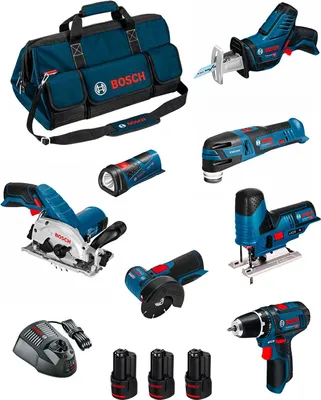 Produktbild von BOSCH Kit BMKB7-28AD3 (GSR 12V-15+GKS 12V-26+GWS 12V-76+GST 12V-70+GOP 12V-28+GSA 12V-14+GLI 12V-80+ 3x2,0Ah+GAL1230CV+HDBAG)