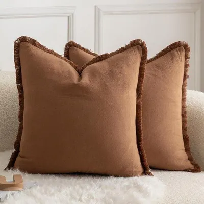 Produktbild von Mandioo 2er-Set neutrale Kissenbezüge aus Baumwolle mit Quasten, 45 x 45 cm, dekorative Kissenbezüge, Zierkissen, Boho-Sitzkissen, Kissenbezüge für Sofa, Schlafzimmer, Wohnzimmer, Wohnaccessoires, braun