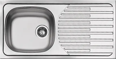 A top-down view of a stainless steel kitchen sink with a drainboard.