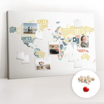 Obrázok produktu pre Korková tabuľa Tabuľa na poznámky Tabuľa na špendlíky - učebná pomôcka 120x80 cm - 100ks drevených kolíkov - Názvy krajín