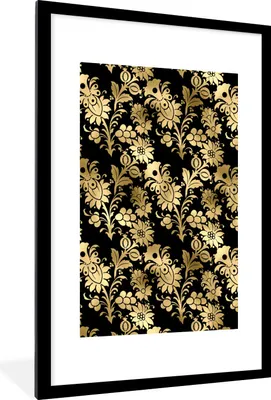 Produktbild von MuchoWow® Gerahmtes Poster Muster - Blumen - Gold 60x90 cm - Poster mit Schwarzem Bilderrahmen Wandposter Rahmen Foto Bilder - Dekoration - Wandposter Wohnzimmer - Hochwertig