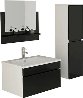 Produktbild von Jet-Line Badset Gastein schwarz Hochglanz Badezimmermöbel Set Waschbecken mit Unterschrank Hochschrank Spiegelablage Badmöbel Set Bad Badezimmer Ausstattung Waschtisch Keramik-Waschbecken Hängeschrank Spiegel mit Ablage Regal Fläche Schubladen mit Softclose Funktion black