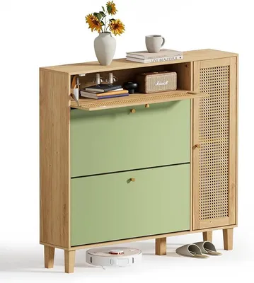 Imagen del producto de Zapatero con 4 puertas, dimensiones 107x24x105 cm. Zapatero estrecho, ideal para espacios reducidos. Cómoda para zapatos en el pasillo, con separadores ajustables y extraíbles para diferentes tipos de calzado (verde)