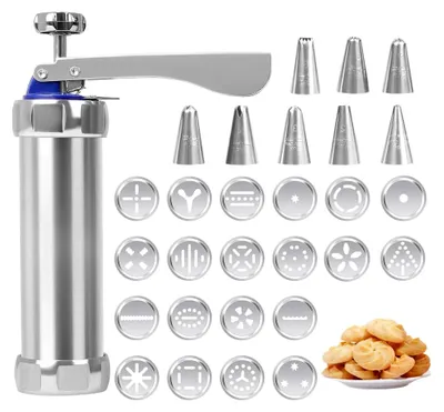 Produktbild von Gebäckpresse, Spritzgebäck Presse mit 20 Schablonen und 8 Edelstahl Tüllen, Teigspritze, Gebäckspritze, Keksmaschine, Plätzchenpresse, Teigpresse, für Kuchen Kekse