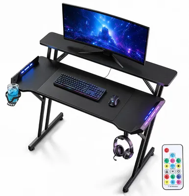 Produktbild von ISOISL Gamingtisch 120x60 cm Z-Form mit Ablage und RGB LED, Carbon-Optik