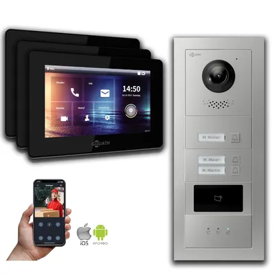 Produktbild von Goliath IP Video Türsprechanlage: 7-Zoll 3 Familienhaus, RFID, Anzeige, Silber : 7 Zoll Schwarz : 4er POE : Aufputz Dose Anschluss: 4er POE Monitor Farbe: 7 Zoll Schwarz Montage: Aufputz Dose