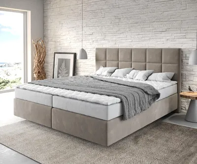 Produktbild von DELIFE Boxspringbett Dream-Fine 180x200 cm Mikrofaser Beige mit Matratze und Topper