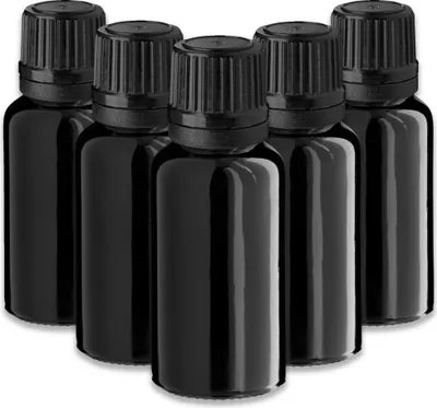 Produktbild von 5x Schwarze Glasflasche 20 ml mit schwarzem Tropfer –Tropfeinsatz leer