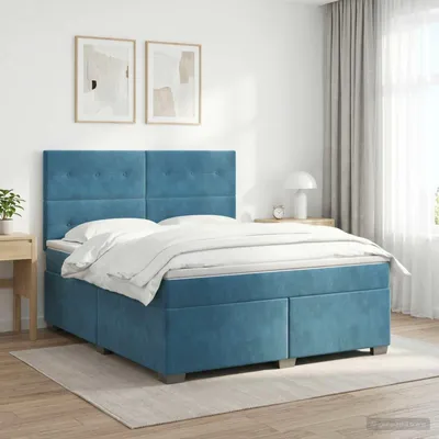 Immagine prodotto di Letto matrimoniale con boxspring e materasso, imbottitura in velluto, con testiera blu, dimensioni 140 x 190 cm