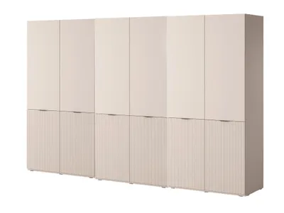 A set of three modular beige cabinets with a ribbed lower section and smooth upper section, presented against a white background.