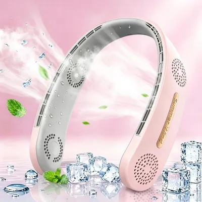 Produktbild von Nackenventilator, Halsventilator, blattlos, leise, USB, 4000mAh, 3 Stufen, 4Turbinen, 360° Luftstrom, für Reisen & Büro(Rosa)