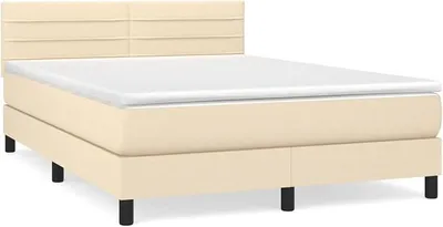 Image de Lit avec sommier à lattes de 140x200 cm, couleur crème, comprenant un matelas à ressorts ensachés (20 cm), une tête de lit réglable en hauteur, un surmatelas confortable (5 cm) et un revêtement en polyester respirant – idéal pour les personnes dormant sur le dos ou sur le ventre