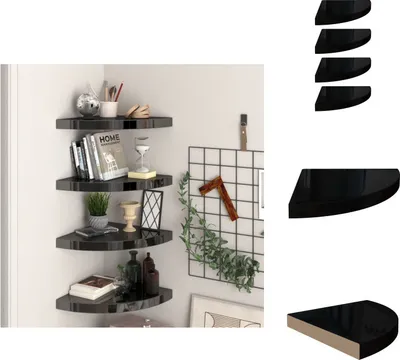 Zdjęcie produktu dla vidaXL Narożne półki pływające 4 szt. Czarny wysoki połysk 35x35x3,8 cm MDF - Półki ścienne