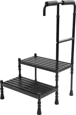 Immagine prodotto di Scala a pioli/sgabello a gradini - 2 gradini con corrimano - Corrimano regolabile 61-76 cm - Acciaio al carbonio - Gradini antiscivolo e piedini in gomma - Altezza 91-108 cm - Grigio chiaro