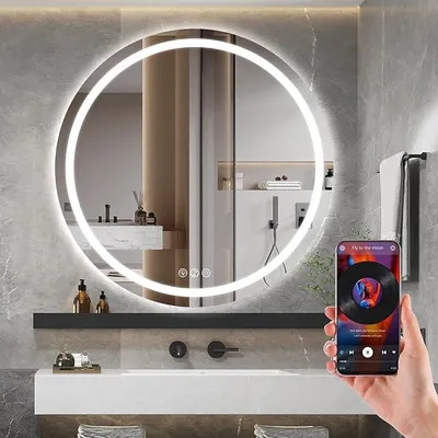 Image de Miroir rond éclairé, 80 cm. Miroir de salle de bain éclairé avec Bluetooth, miroir mural avec éclairage frontal, fonction anti-buée, variateur d'intensité, avec 3 couleurs de lumière réglables