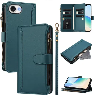 Obrázek produktu pro Pouzdro pro iPhone 16e/iPhone 17e, zipem, peněženkovéPolyuretankožené flip pouzdro s kapsami na karty, stojánkem a poutkem na ruku zelený