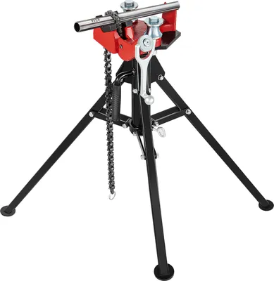 A portable chain pipe vise on a tripod stand.