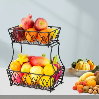 Zdjęcie produktu dla Czarna 2-poziomowa misa na owoce Metalowy kosz na owoce Wyjmowany kosz na warzywa Organizer na owoce