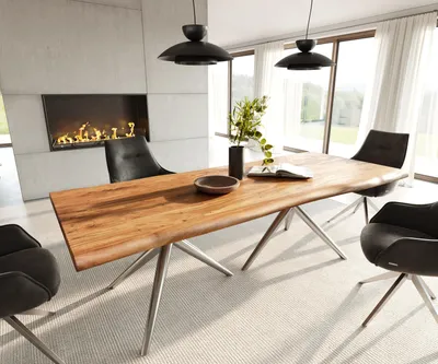 Produktbild von DELIFE Esstisch Edge 240x100 Akazie Natur Estelar rund Edelstahl Live-Edge
