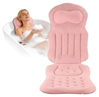 Produktbild von Ganzkörper-Badewannenkissen mit Kopfstütze, dicke Badewannenmatte zur Unterstützung von Nacken, Rücken und Beinen, mit Saugnäpfen und Hängehaken (Rosa)