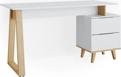 A white and wood desk with two drawers.