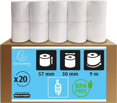 Produktbild von Exacompta 40642DE 20er Pack Thermorollen für EC-Cash Geräte, 1-lagig, Breite: 57mm, Länge 9m, Durchmesser Kern: 12mm SEPA Lastschrifttext auf der Rückseite(deutsch) 55g/m² extra-BPA frei