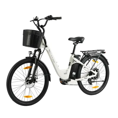 Imagen del producto de Bicicleta eléctrica urbana C2 para adultos, con motor de 250 W, batería de 36V y 18Ah, velocidad máxima de 25 km/h, neumáticos todoterreno de 26 pulgadas, capacidad de carga máxima de 125 kg, color: blanco