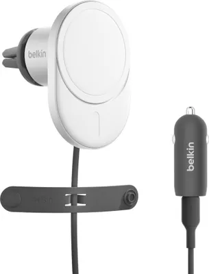 A white magnetic Qi2 car charger with a dark gray car charger adapter and cable, shown against a white background.