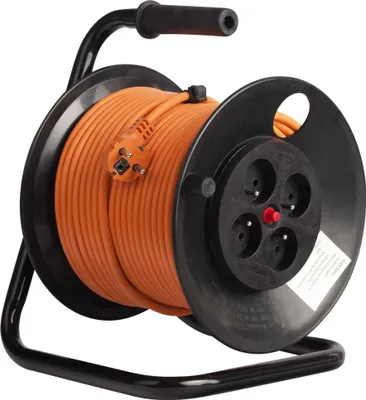 Zdjęcie produktu dla Przedłużacz Bachmann 4xSchuko, zabezpieczenie przed dziećmi, bezpiecznik termiczny, metalowa rama, przewód HO5VV-F 3G2.5, 50m, pomarańczowy