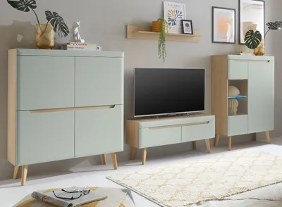 Produktbild von Wohnwand "Isgard" in Pistazie matt und Scandi Eiche Wohnkombination 4-teilig