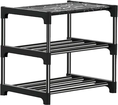 A 3-tier shoe rack with black plastic frame and silver metal shelves.
