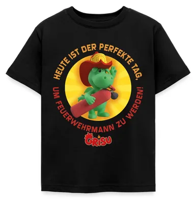 Produktbild von Spreadshirt Grisu Der Kleine Drache Feuerwehrmann Spruch Kinder T-Shirt, 110/116 (5-6 Jahre), Schwarz