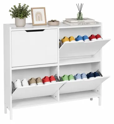 Produktbild von Relaxdays Schuhkipper, 4 Fächer, 16 Schuhe, HBT: 90 x 100 x 19 cm, schmaler Schuhschrank inkl. Kippschutz, weiß