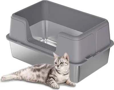 Image de Bac à litière - Acier inoxydable - Avec couvercle - Parois hautes - Protection anti-éclaboussures - Taille L - Pour petits et grands chats - Gris