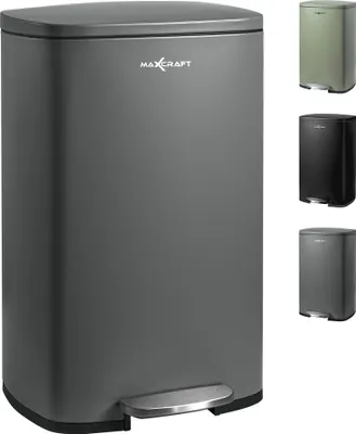 A large gray pedal bin is shown in the foreground, with smaller images of the same bin in different colors (green, black, and a lighter gray) arranged to its right.