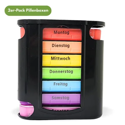 Produktbild von Frohbach 7 Tage Tablettenbox - Seniorenfreundliche Medikamentenbox für 1 Woche, BPA Frei, für unterwegs & Zuhause, 4 Fächer pro Tag, Schwarz, 2 Stück