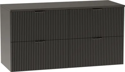 A dark gray vanity cabinet with fluted fronts and gold handles.