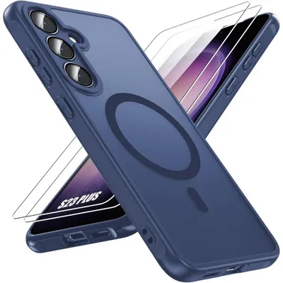 Image de Coque + 2 Verres Trempés pour Samsung Galaxy S23 Plus, avec Anneau Magnétique - Bleu Marine
