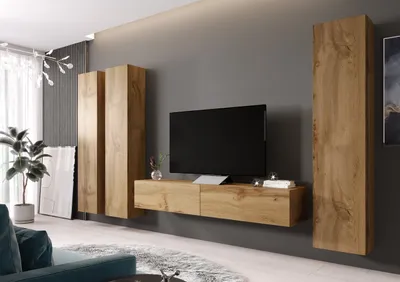 Produktbild von Wohnwand Wohnzimmer - Set Schrankwand VIGO 1F eiche wotan 4tlg mit hängendem TV-Schrank und Hängeschränke 300cm breit