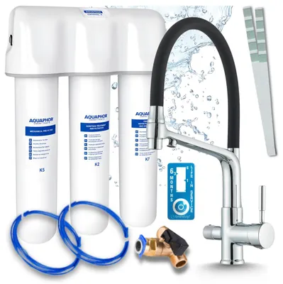 Image de Robinet de cuisine 3 voies, flexible, chromé, avec douchette extractible. Livré avec un système de filtration d'eau Aquaphor Kristall A