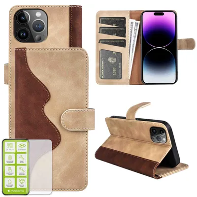 Productafbeelding van Voor Apple iPhone 15 Pro: bruine telefoonhoesje, design, kunstleer, hoesje + H9 hardglas