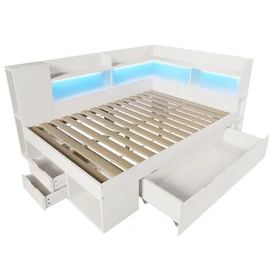 Produktbild von Flieks Jugendbett 140x200cm mit USB & Typ-C, Kinderbett Tagesbett mit Schublade und Staufach, Stauraumbett mit Led, Daybett Klassisches Bett Weiß