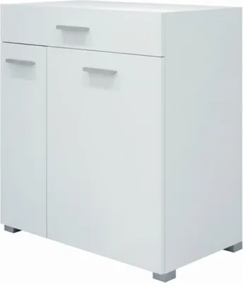 A white bathroom cabinet with a drawer and two doors.