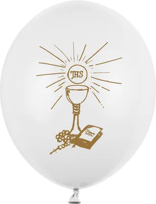 Immagine prodotto di Palloncini 27 cm con impronta Calice / Bibbia / IHS Set di 6 palloncini bianchi / oro
