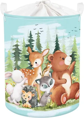 Produktbild von Großer Blauer Dschungeltier Fuchs Reh Kinder Wäschekorb mit Griff Faltbarer Hase Bär Igel Kleidung Spielzeug Aufbewahrungskorb mit Deckel für das Kinderzimmer - 45L