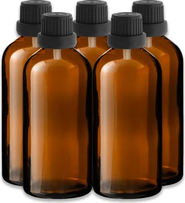 Produktbild von 5x Glasflasche braun 100 ml mit schwarzem Tropfeinsatz Nachfüllbar Set